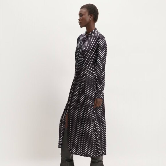 NWOT Everlane Hammered Satin Shirt Dress – Black/Bone Polka Dot (Size 14) - Picture 1 of 9